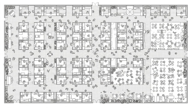 Coworking Office Floor Plan Layout with Shared Workstations Coffee Shop and Crowd Vector Asset