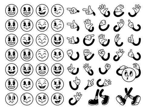 Vintage Rubber Hose Cartoon Character Kit - 1930s Retro Mascot Creator with Faces and Gloved Hands