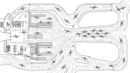 Obraz premium Rowing Club Marina Site Plan with Kayak Silhouettes and Boat Launch Docks CAD Vector Layout