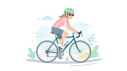 Naklejka premium Woman cycling on road bike, enjoying summer sport outdoors, vector illustration