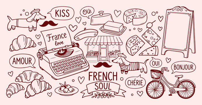 French lifestyle cultural icons, parisian cafe vibe elements, romantic france travel sketches, vintage french soul decor, classic french food symbols, iconic paris travel theme, traditional french art