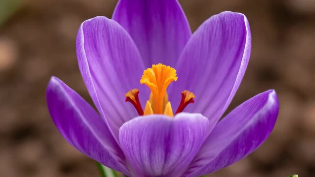 Purple crocus flower bud emerging from soil in early spring.