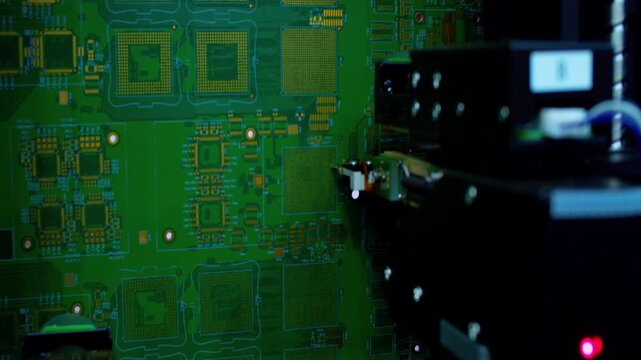 Modern electronic component assembly line featuring a precise robotic scanning arm. The automated inspection system tests microchips on a PCB, showing advanced AI engineering and Industry 4.0.