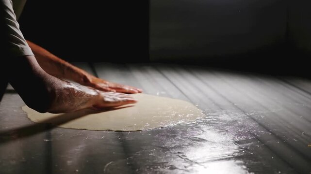 Close-up footage of hands opening and smoothing thin yufka dough on a kitchen work surface, showing handmade Turkish pastry preparation, traditional b&ouml;rek making and delicate dough technique.