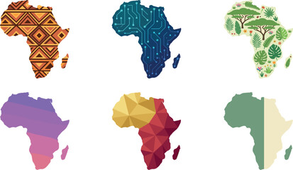 Africa Map Silhouette Vector Set Featuring Traditional Tribal Pattern, Tech Circuit Board, Wildlife Jungle Nature, Polygon Geometric Shapes, and Flag Colors © Hachhada