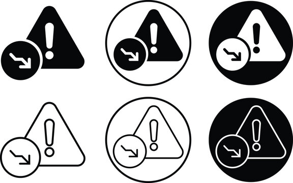 Warning triangle flat, line icon set. Exclamation mark symbol next to a declining down arrow badge silhouette for financial risk design layouts vectors illustration isolated on transparent background.