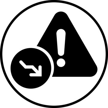 Warning triangle icon in flat style. Exclamation mark symbol next to a declining down arrow badge silhouette for financial risk design layouts vector illustration isolated on transparent background.