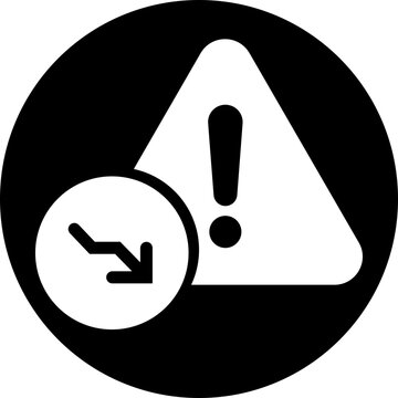 Warning triangle icon in flat style. Exclamation mark symbol next to a declining down arrow badge silhouette for financial risk design layouts vector illustration isolated on transparent background.