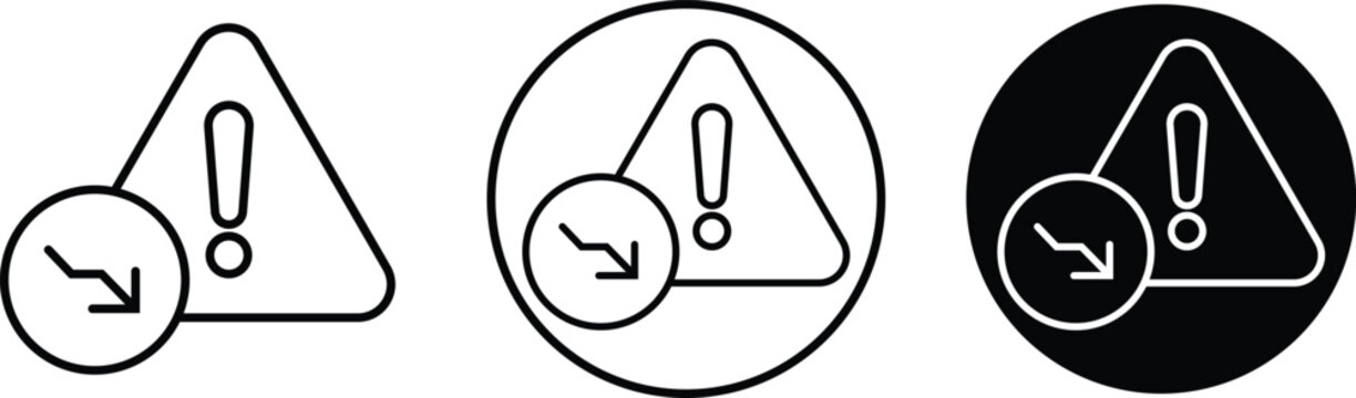 Warning triangle line icons set. Exclamation mark symbols next to a declining down arrow badge silhouette for financial risk designs layouts vectors illustration isolated on transparent background.