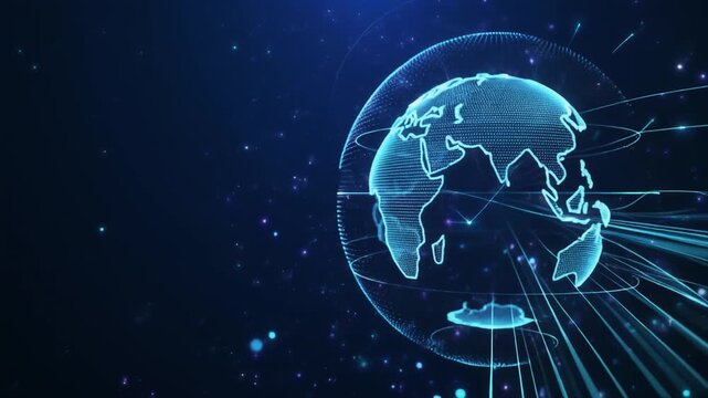 デジタル接続線で繋がれた回転する光るホログラムの地球（グローバルネットワーク）