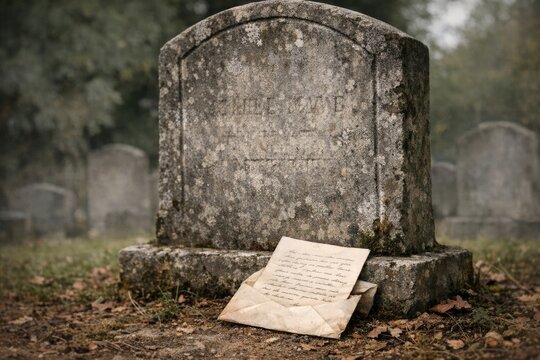 A piece of paper resting on a grave stone, possibly a note or message