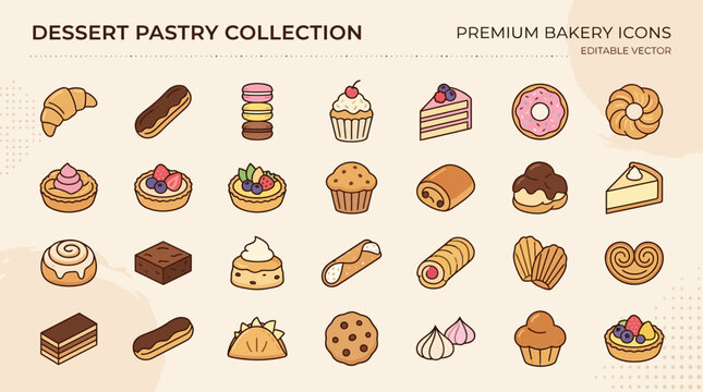 Bakery collection of tasty pastry icons - sweet desserts illustrations