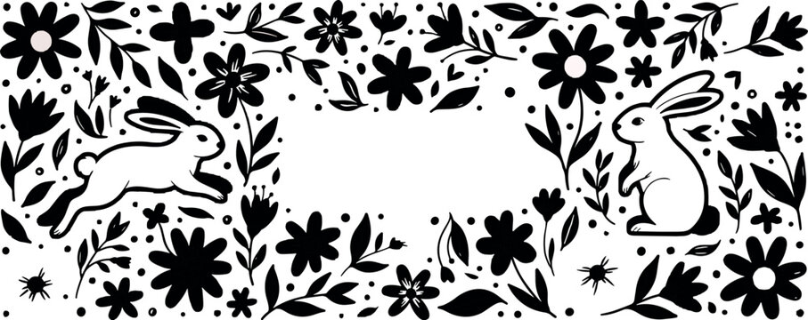 Whimsical black and white floral pattern with cute bunnies on a transparent background