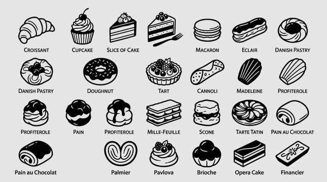 Bakery Treats: Illustrated Black and White Pastries on a Grey