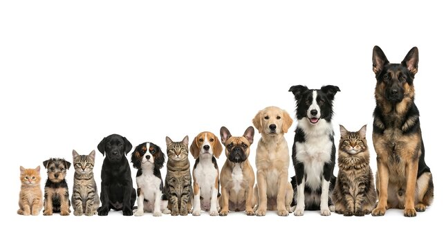 Golden retriever beagle husky corgi mixed breed dog siamese cat tabby cat and kitten arranged smallest to largest in lineup against white background creating a diverse harmonious cheerful scene