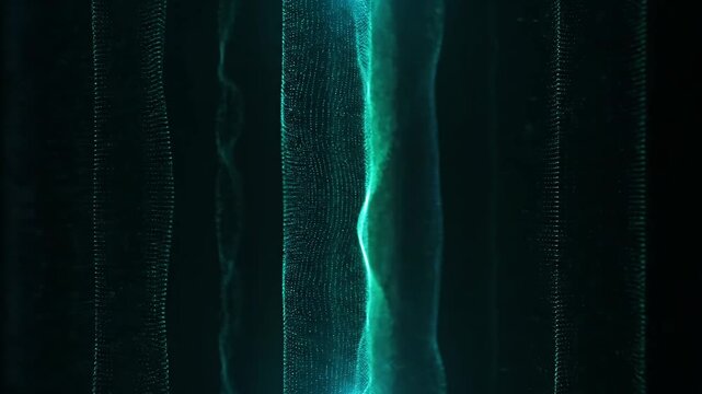 Teal digital particle columns flowing on dark abstract background.