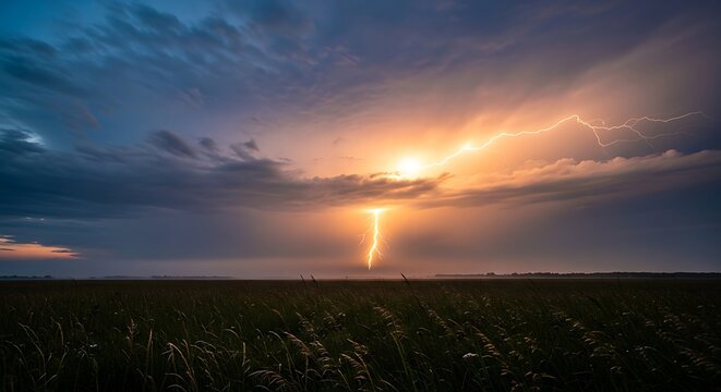 Sunrise Breaking Through Storm Clouds Over Open Field with Dramatic Light