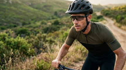 Fototapeta premium Male cyclist in performance gear riding mountain bike on a dirt road through a green landscape