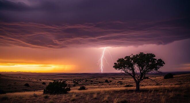 Dramatic Lightning Storm Over Open Field with Silhouetted Tree at Sunset