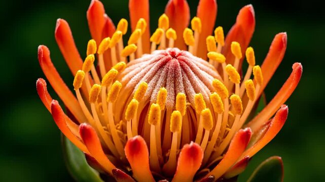 Close-up of a Vibrant Orange King Protea Flower Bud Blooming in a Tropical Garden