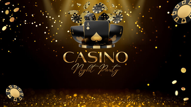 Luxury banner and premium template Casino Night Party with playing cards flying VIP chips and dice on dark background with gold glitter sparkle and copy space