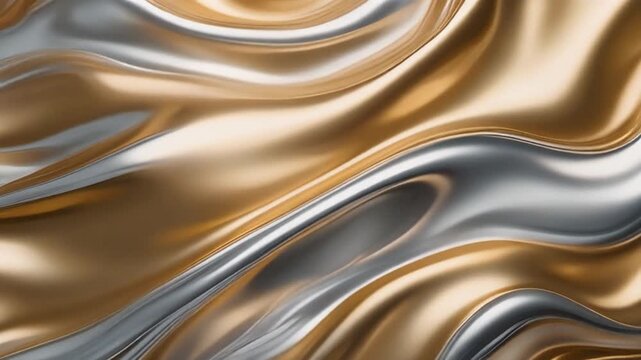 シャンパンゴールドとクロームシルバーが融合する豪華なメタリック液体のグラデーション背景