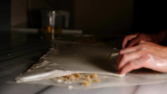 Close-up footage of hands rolling thin yufka dough on a kitchen work surface during b&ouml;rek preparation, showing handmade Turkish pastry technique, delicate dough layers and traditional bakery craft.