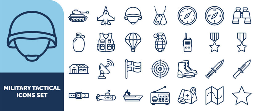 Military tactical set featuring outline of army equipment, vehicles, and navigation tools on white background