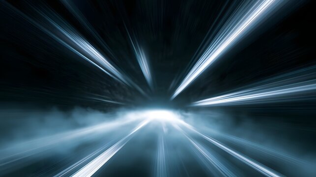 An innovative digital tunnel of light streaks with gentle fog creating a dynamic and futuristic abstract scene