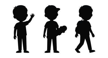 Three boys in various poses depicted as a black silhouette against a white background silhouette boy child children © APIM02SN