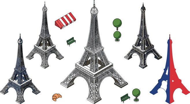 Isometric Eiffel Tower Vector Set Featuring French Flag Colors, Croissant, Cafe Awning, Park 