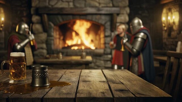 燃え盛る暖炉に照らされた素朴な木のテーブルがある中世ファンタジーの酒場
