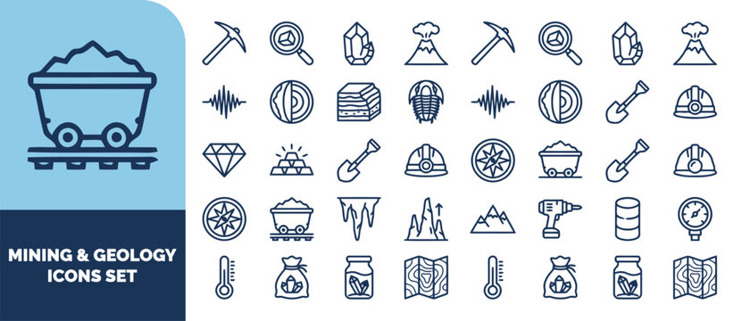 Mining and geology set featuring pickaxes, ore carts, crystals, volcanoes, helmets, maps, and geological tools in blue line style