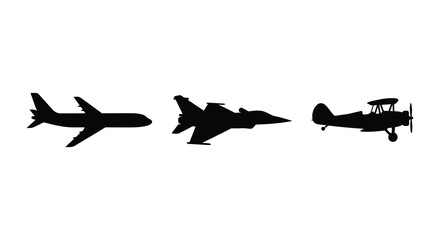 Airplane fighter jet and biplane silhouettes against a white background a monochromatic composition silhouette aircraft airplanes aviation commercial © APIM02SN
