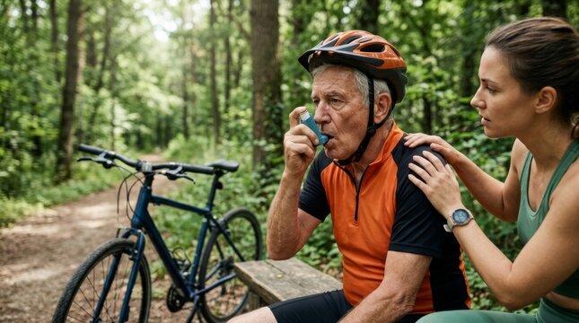 Senior man on a bike ride using an asthma inhaler while young man assists him in a forest