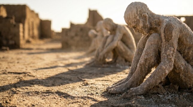 Petrified salt statues representing Sodom and Gomorrah figures in Old Testament desert ruins