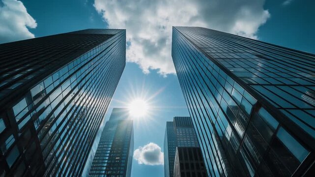 明るく風の強い青空にそびえ立つ記念碑的な黒い鉄とガラスの高層ビル