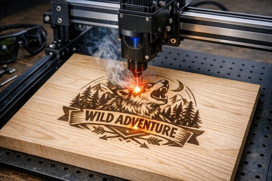 A wooden cutting board with a logo embossed on it, ideal for use in the kitchen or as a decorative item