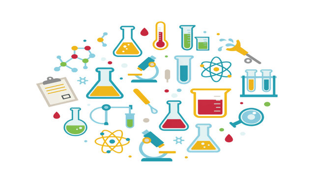 Colorful science laboratory equipment icons and symbols in a circular pattern on white background