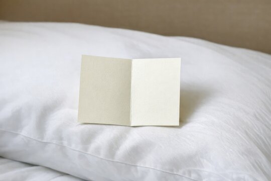 A folded card resting on a plush pillow, great for conveying sentiments or adding decoration to a room