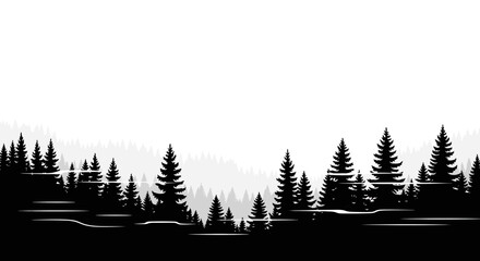 Obraz premium Black silhouette of pine trees landscape.