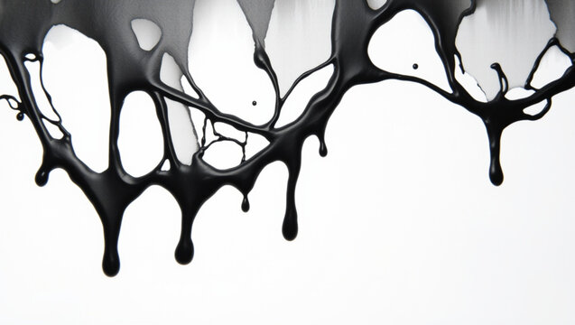 Black liquid flows on a white surface, creating irregular branching drip patterns with smooth edges, some areas with tin