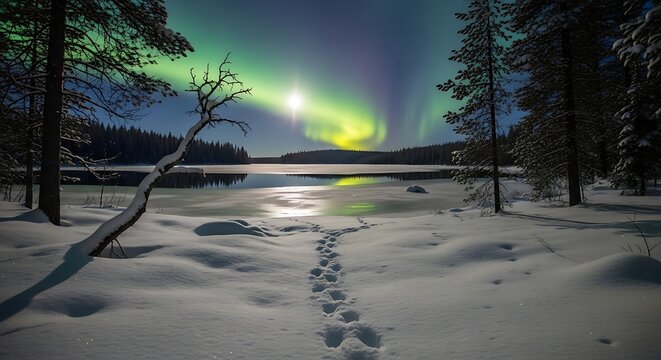 Aurora borealis over snowy landscape with footprints