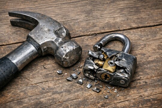 Broken padlock with a hammer nearby