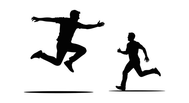 Two male figures in dynamic jumping and running poses black silhouette