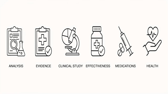 Medical and health care icons with analysis evidence clinical study effectiveness medications and health