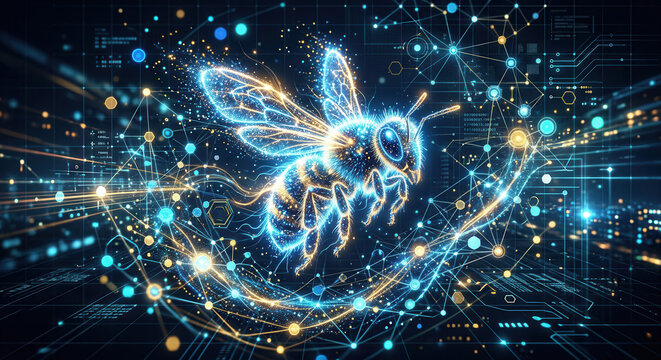 Digital Bee Swarm: An abstract digital illustration depicts a bee rendered in neon-like lines, surrounded by a network of interconnected glowing nodes and circuits, symbolizing data and technology.