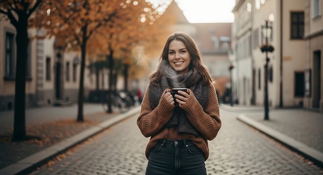 Woman Using Smartphone While Walking on Autumn City Street at Sunset
