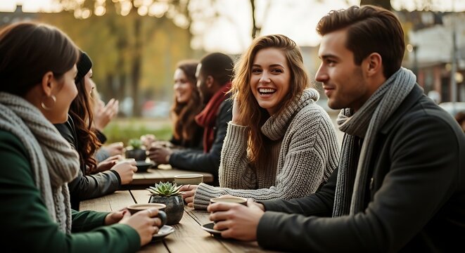 Group of friends laughing and sharing snacks at outdoor cafe table in warm sunlight