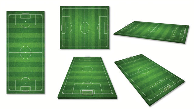 Multiple soccer field illustrations in different perspectives and orientations